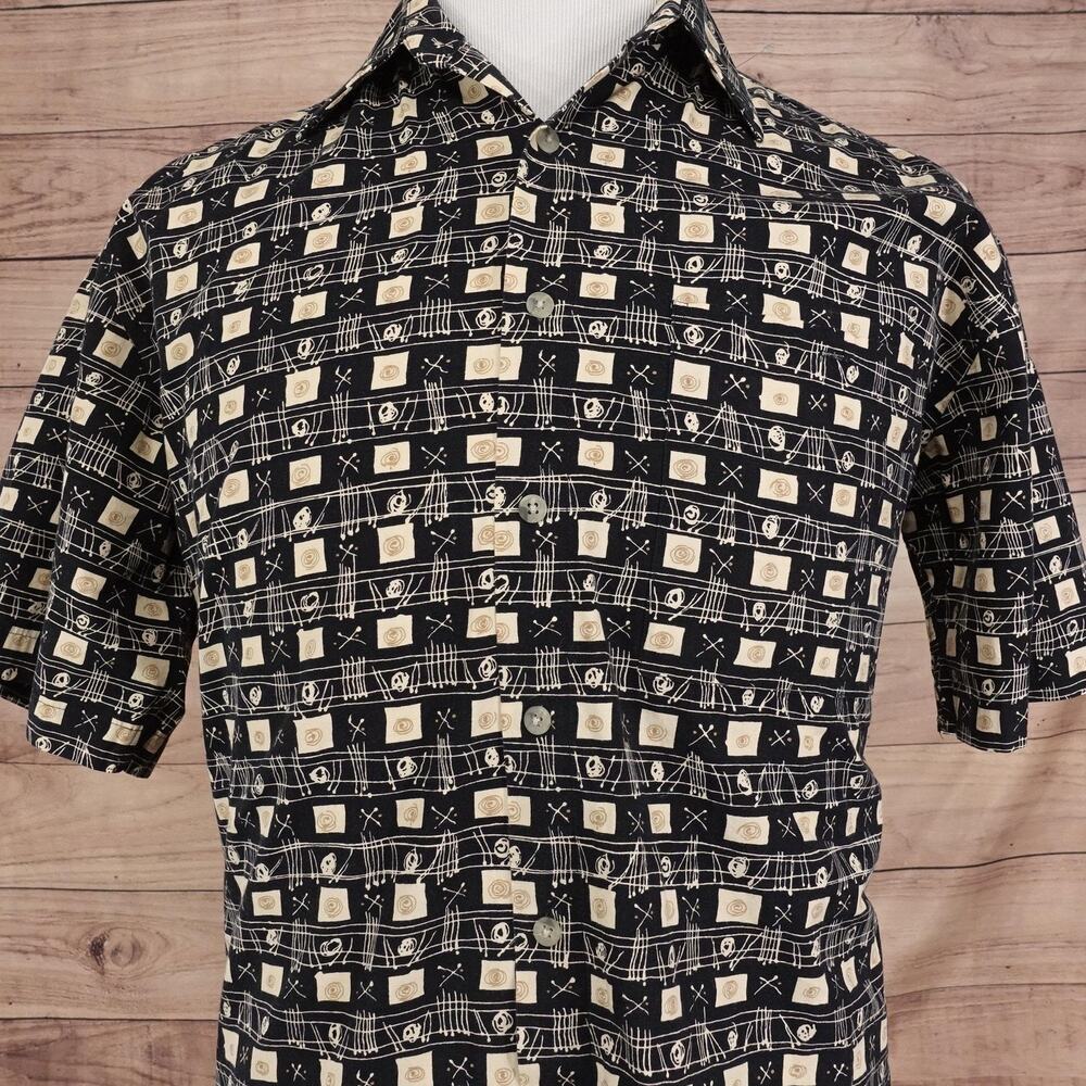 Pierre Cardin Shirt Mens Medium Black‎ Geometric Short Sleeve Button Up Casual